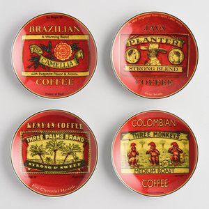 New! Set of 4 Coffee Label 6" Appetizer Plates